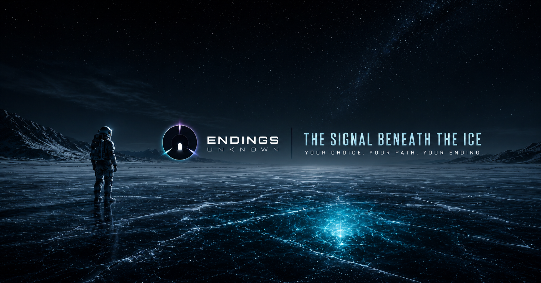 A lone explorer beneath a mysterious circular signal in frozen darkness