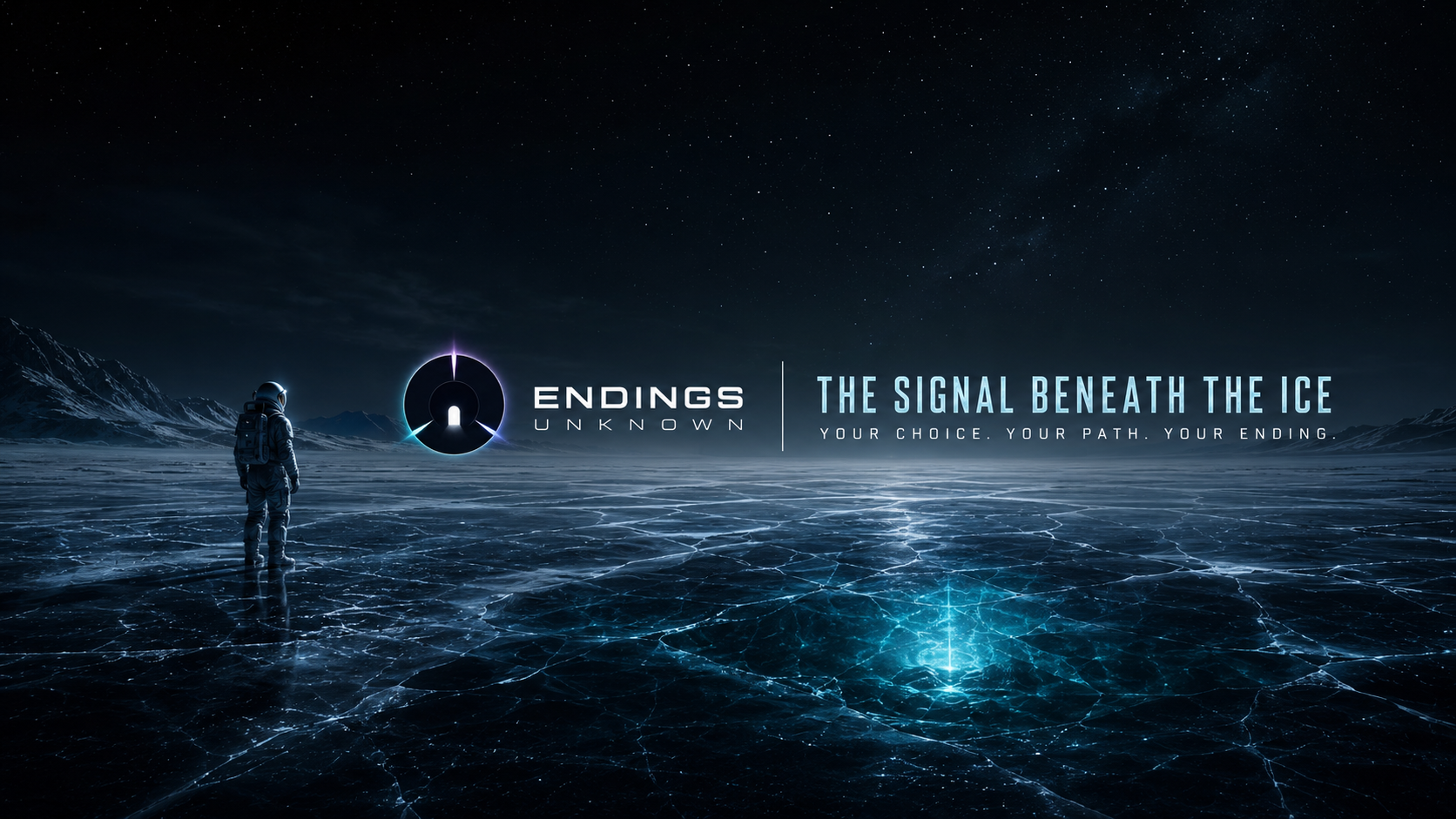 An explorer facing a blue signal beneath a frozen surface